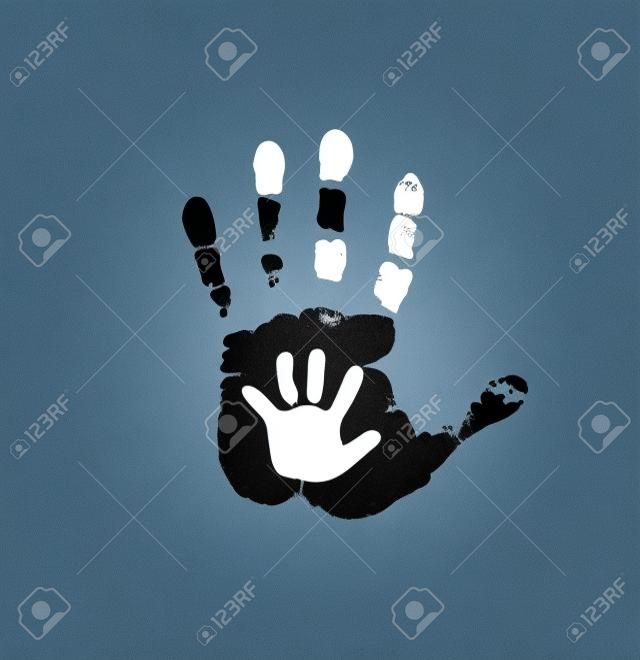 Black and white silhouette of adult and baby hands on white. Mother or father and child hand print. Palm of man and baby. Social illustration idea of the sign for the association of care, charity.