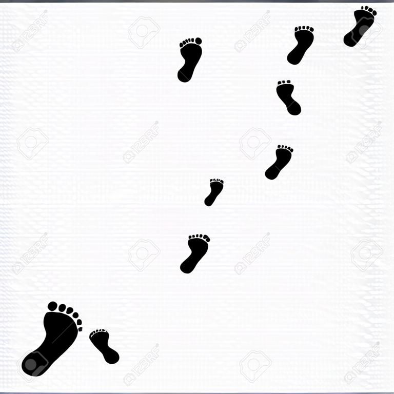 Black silhouette of human footprint path isolated on transparent background. Foot prints diagonal trail. Vector illustration, clip art.