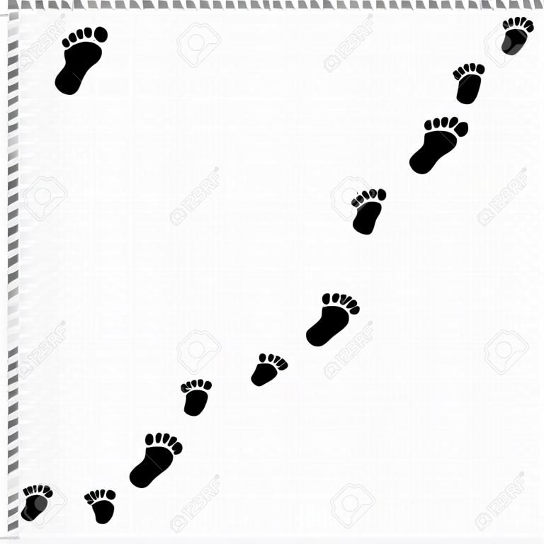 Black silhouette of human footprint path isolated on transparent background. Foot prints diagonal trail. Vector illustration, clip art.