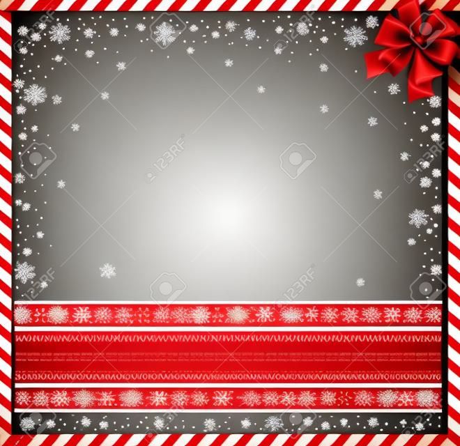 Christmas, new year cane photo frame with red and white striped lollipop pattern and festive bow in the corner isolated on transparent background. Holiday xmas border. Vector illustration, template.
