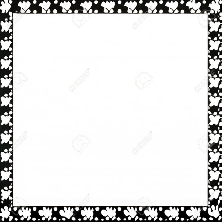 Bordo quadrato bianco e nero di vettore fatto di impronte di animali isolati su sfondo trasparente. Copia modello di spazio, bordo, struttura, cornice per foto, poster, banner, zampe di cani o gatti che camminano.