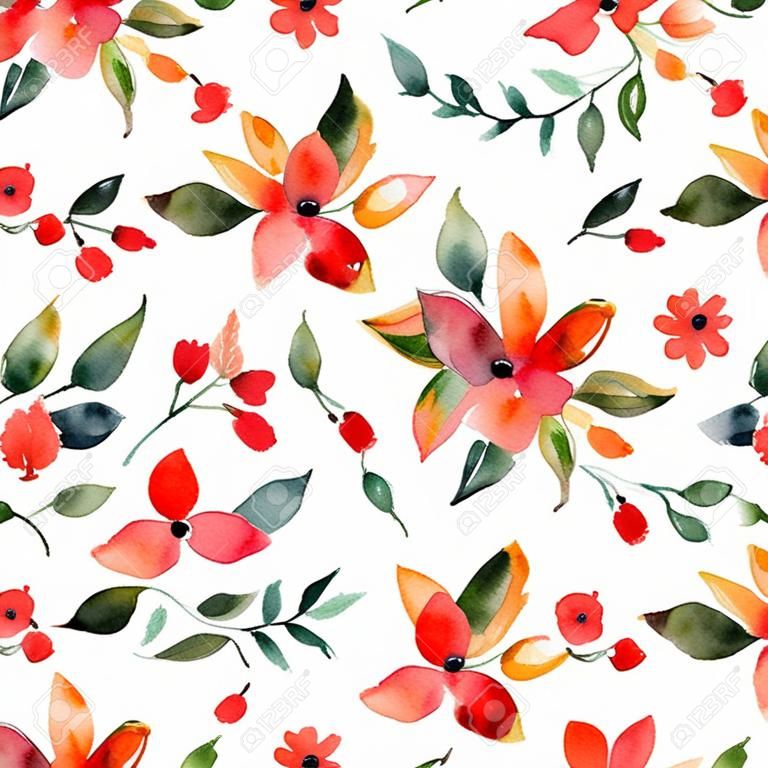 Watercolor floral seamless pattern with red flowers and leafs. Colorful floral Vector illustration. Summer Autumn gold hand made design for invitations, greeting cards or wedding, can be used for wallpapers.