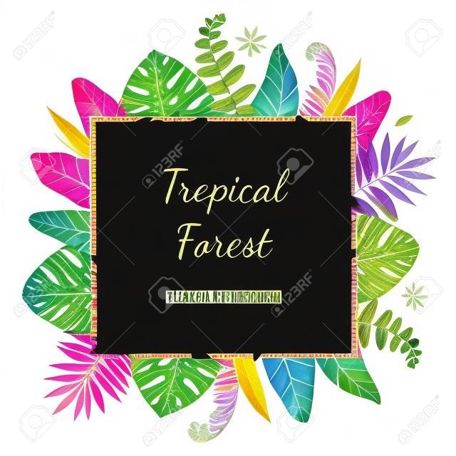 Colorful floral frame with colorful tropical leaves. Tropical forest collection.Perfect for wedding, frame, quotes, pattern, greeting card, logo, invitations, lettering etc.
