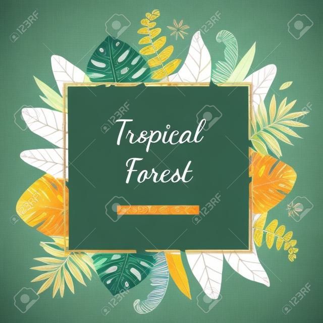 Colorful floral frame with colorful tropical leaves. Tropical forest collection.Perfect for wedding, frame, quotes, pattern, greeting card, logo, invitations, lettering etc.