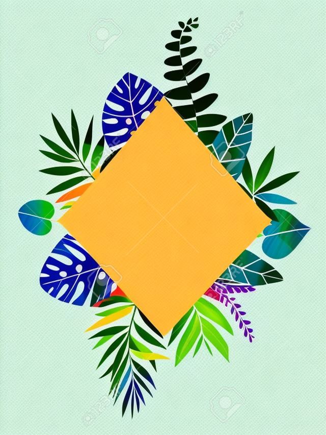 五顏六色的花卉菱形框架與五顏六色的熱帶葉。熱帶森林收集。完美的婚禮，框架，報價，圖案，賀卡，標誌，邀請，刻字等。