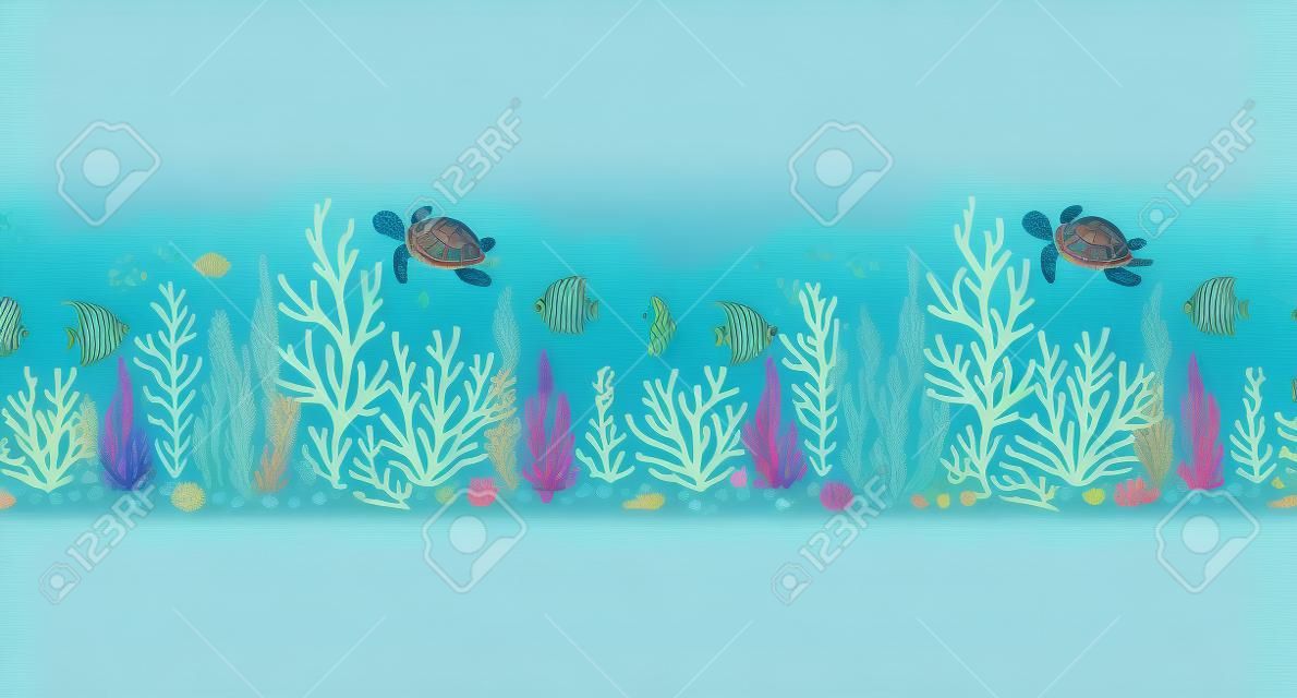 Oceanic creature seamless repeat with cute turtle, seaweed, coral reef, fishes, seahorse etc.Underwater creature.Perfect for invitations, party decorations, printable, craft project, greeting cards.