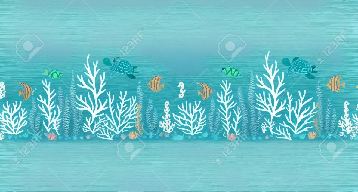 Repetição sem emenda da criatura oceânica com tartaruga bonito, alga, recife de corais, peixes, criatura seahorse etc.Underwater. Perfeito para convites, decorações do partido, imprimível, projeto do ofício, cartões.