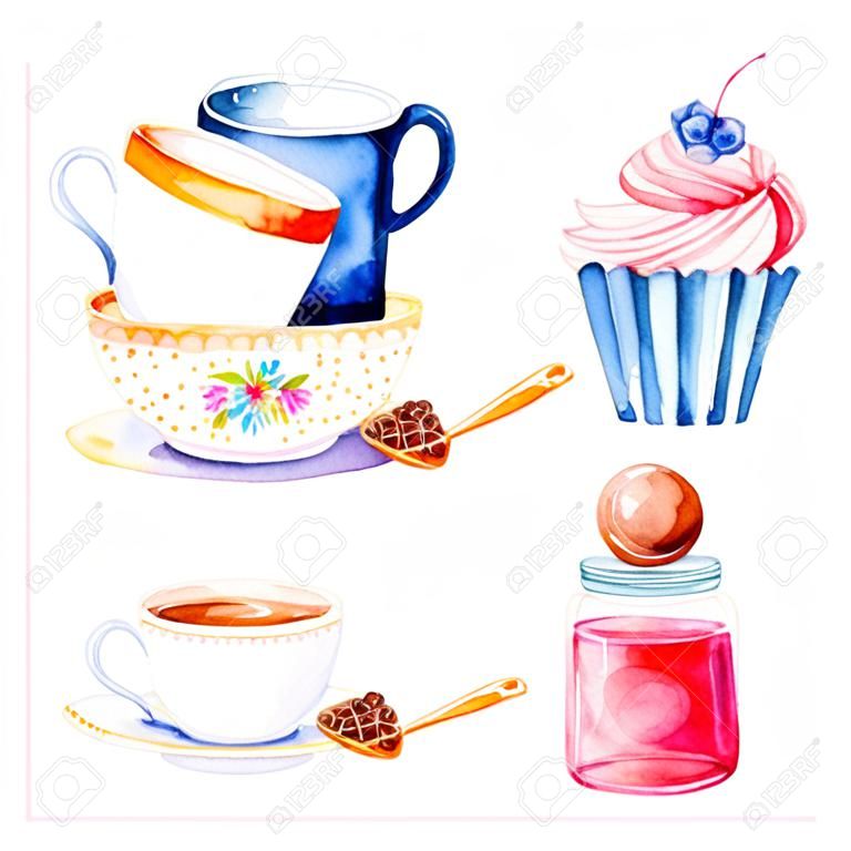 仙境的集合。神奇的水彩畫集蛋糕與瓶與標籤為您的文字，多色杯茶。完美的壁紙，打印，包裝，邀請，生日，婚禮，茶會，徽標，菜單