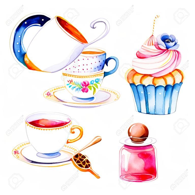 仙境收集魔术水彩集与杯蛋糕和瓶与标签为您的文字多色杯茶完美的壁纸打印包装邀请生日婚礼茶会标志菜单
