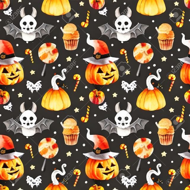 Cute Halloween watercolor seamless pattern.Background with pumpkins, candy, muffin, bat, skull and bow.Perfect for wallpaper, print, stationery, scrapbooking, stickers, party decorations.