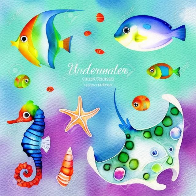 Underwater creatures. Watercolor collection with multicolored coral fishes.shells, seahorse, starfish etc. Perfect for invitations, party decorations, printable, craft project, greeting cards, blogs, sticke