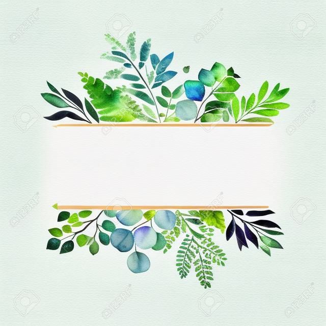 Invitación de marco de acuarela verde con hojas, helechos, ramas, baya. Perfecto para bodas, tarjetas de felicitación, citas, logotipos y su creación única.