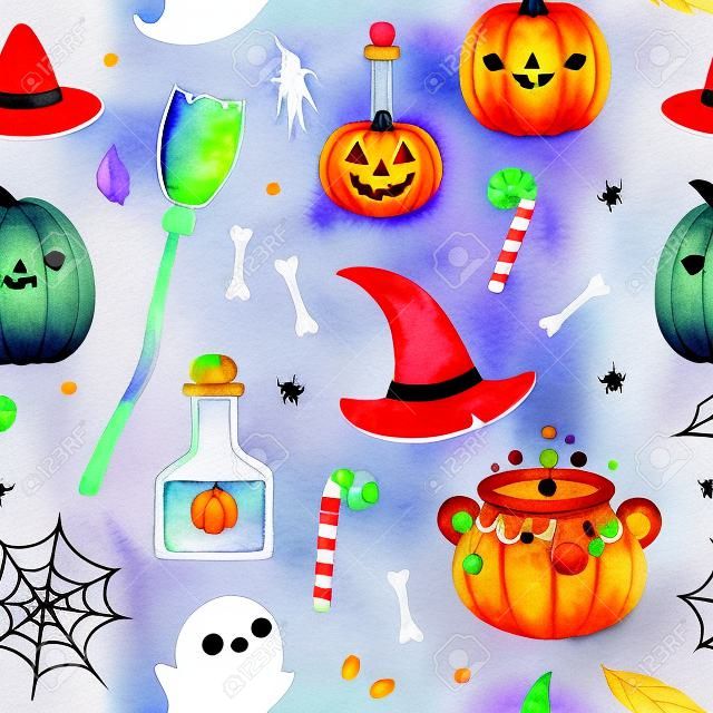 Cute watercolor Halloween seamless pattern.Background with candies,spider web,hats,pumpkins,ghost.Perfect for wallpaper,print,stationery, scrapbooking, packaging,party decorations.