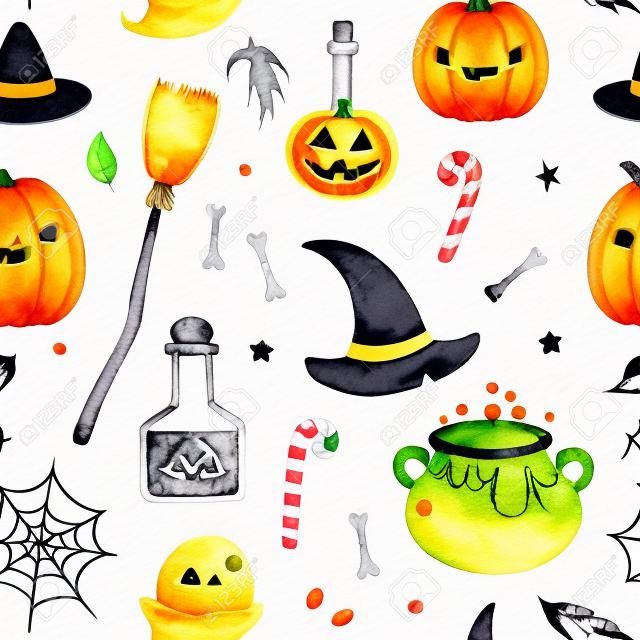 Cute watercolor Halloween seamless pattern.Background with candies,spider web,hats,pumpkins,ghost.Perfect for wallpaper,print,stationery, scrapbooking, packaging,party decorations.