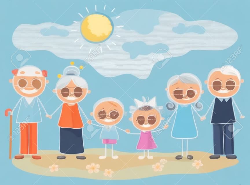Happy family with two children and grandparents