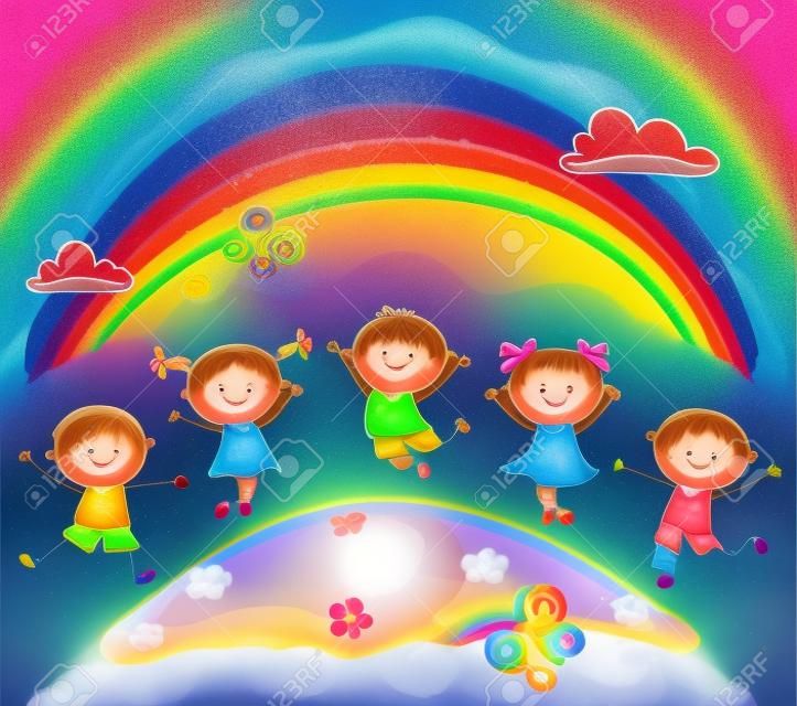 Happy kids jumping with joy on a hill underneath a rainbow