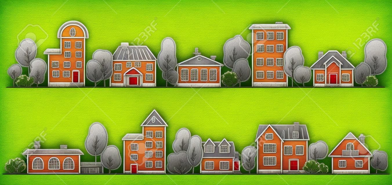 Los árboles y las casas en una fila para el marco / frontera