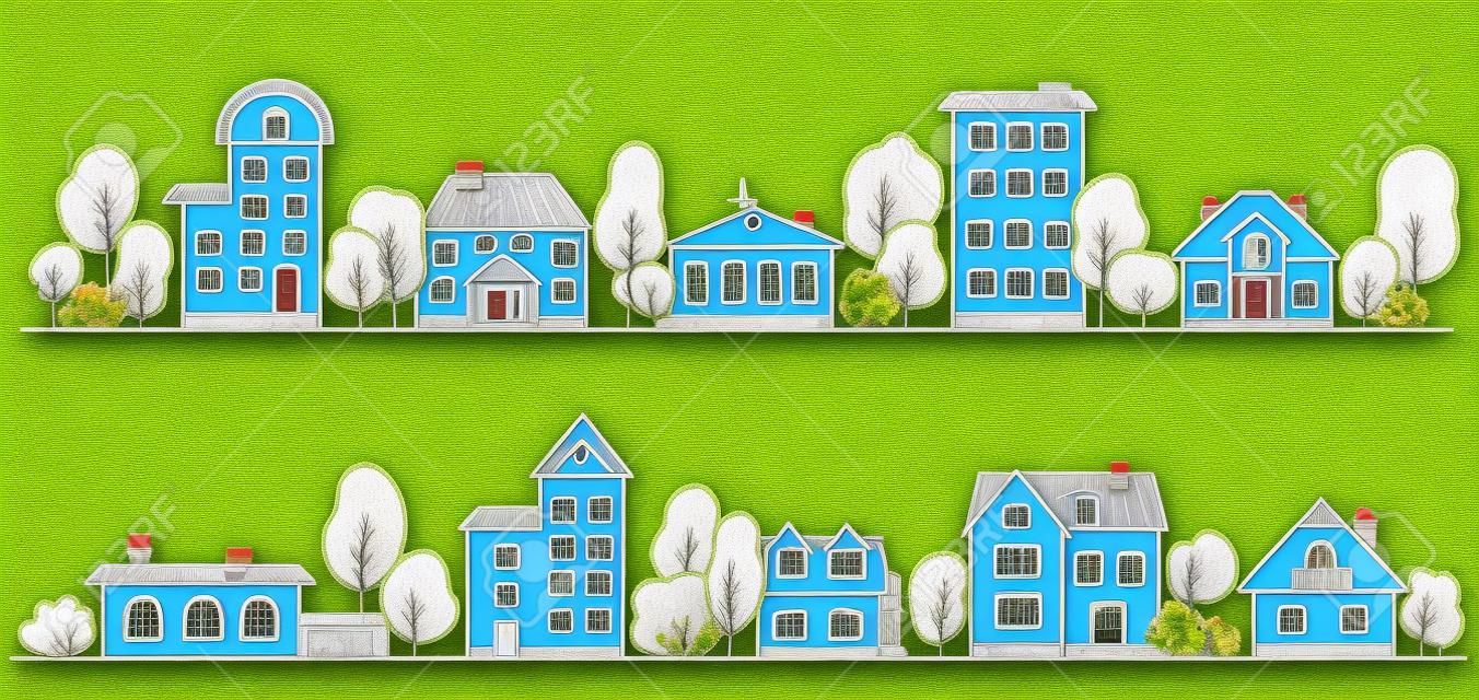 Los árboles y las casas en una fila para el marco / frontera