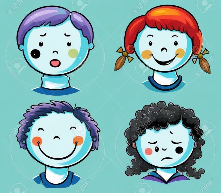Set van 4 cartoon kinderen gezichten met verschillende emoties