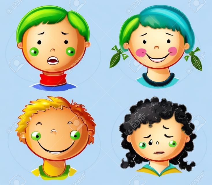 Set van 4 cartoon kinderen gezichten met verschillende emoties