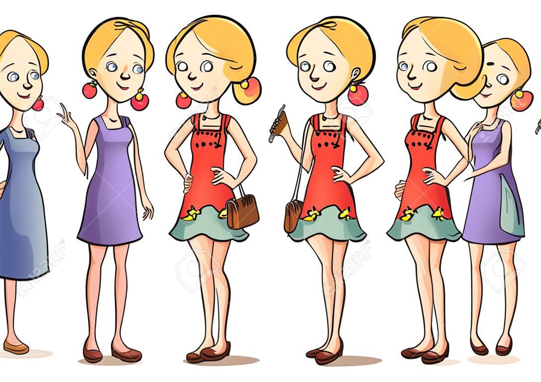Молодая женщина мультипликационный персонаж под разными углами