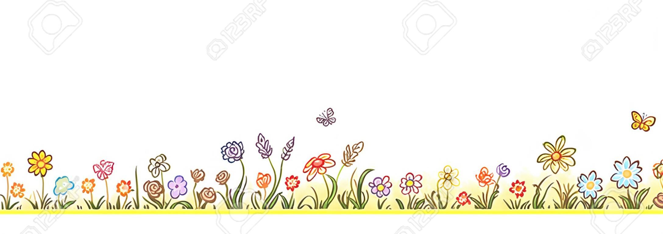 Kleurrijke bloemrand met veel cartoon bloemen, gras en vlinders, geen gradiënten