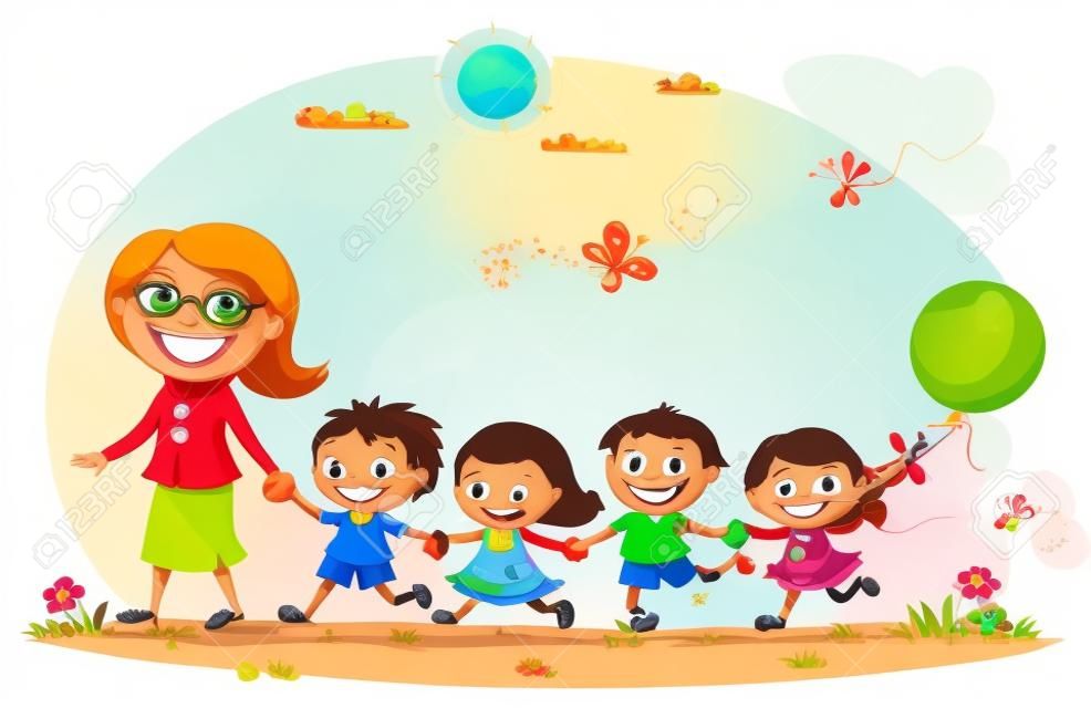 Cartoon kids and their teacher on a walk in the kindergarten