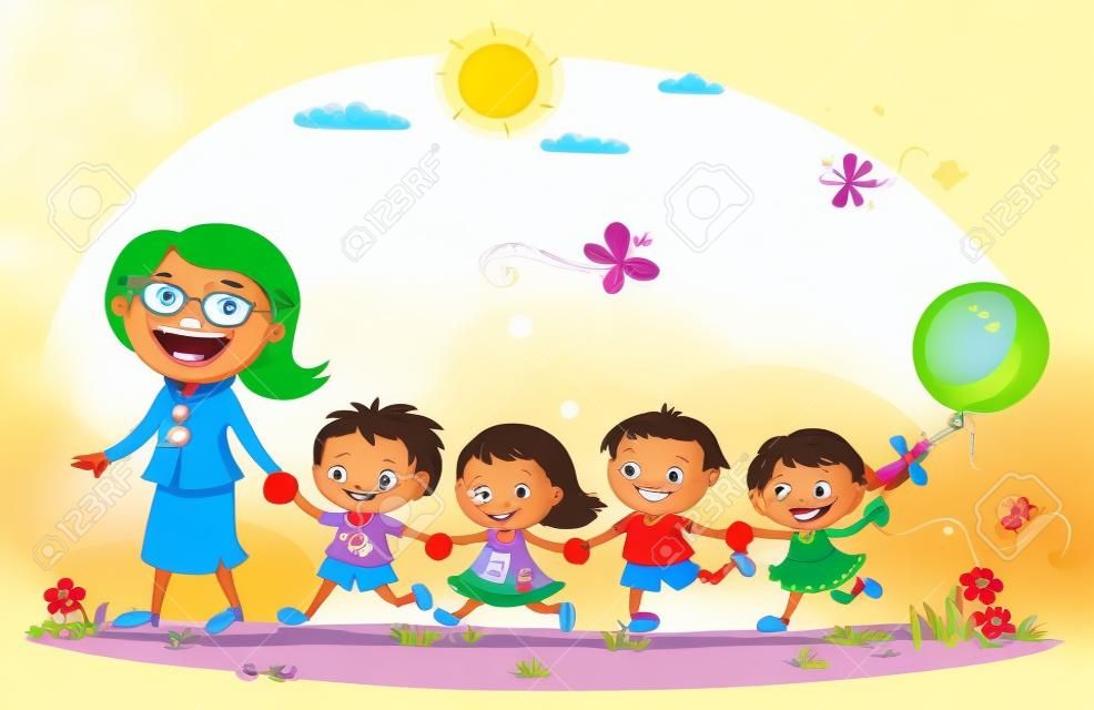Niños de dibujos animados y su profesor en una caminata en el jardín de infantes