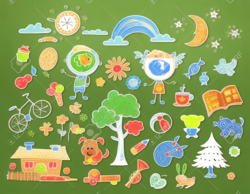 Doodle набор объектов из жизни ребенка - Домашние животные, игрушки, природа элементов, продуктов питания и т.д.