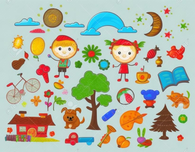 Doodle set van objecten uit het leven van een kind - huisdieren, speelgoed, natuurelementen, voedsel, enz.