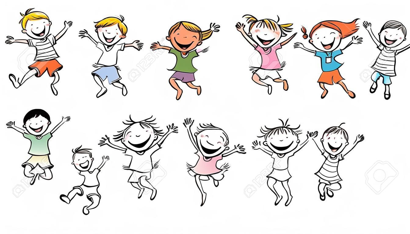 Gelukkige kinderen lachen en springen met vreugde, geen hellingen, geïsoleerd, zowel gekleurd en zwart en wit