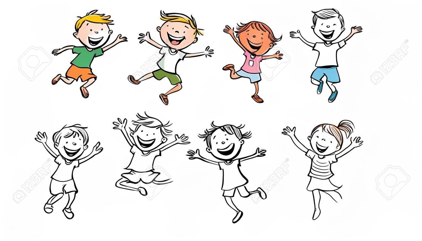 Glückliche Kinder lachen und springen vor Freude, keine Steigungen, isoliert, sowohl farbig und schwarz-weiß