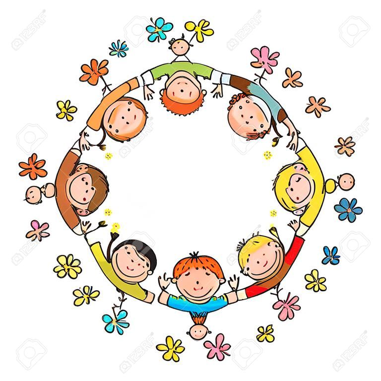 Happy kids in a circle holding hands, frame with a copy space