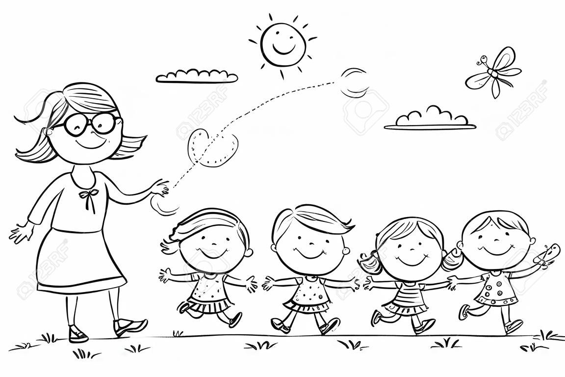 Cartoon kids and their teacher on a walk in the kindergarten, black and white outline