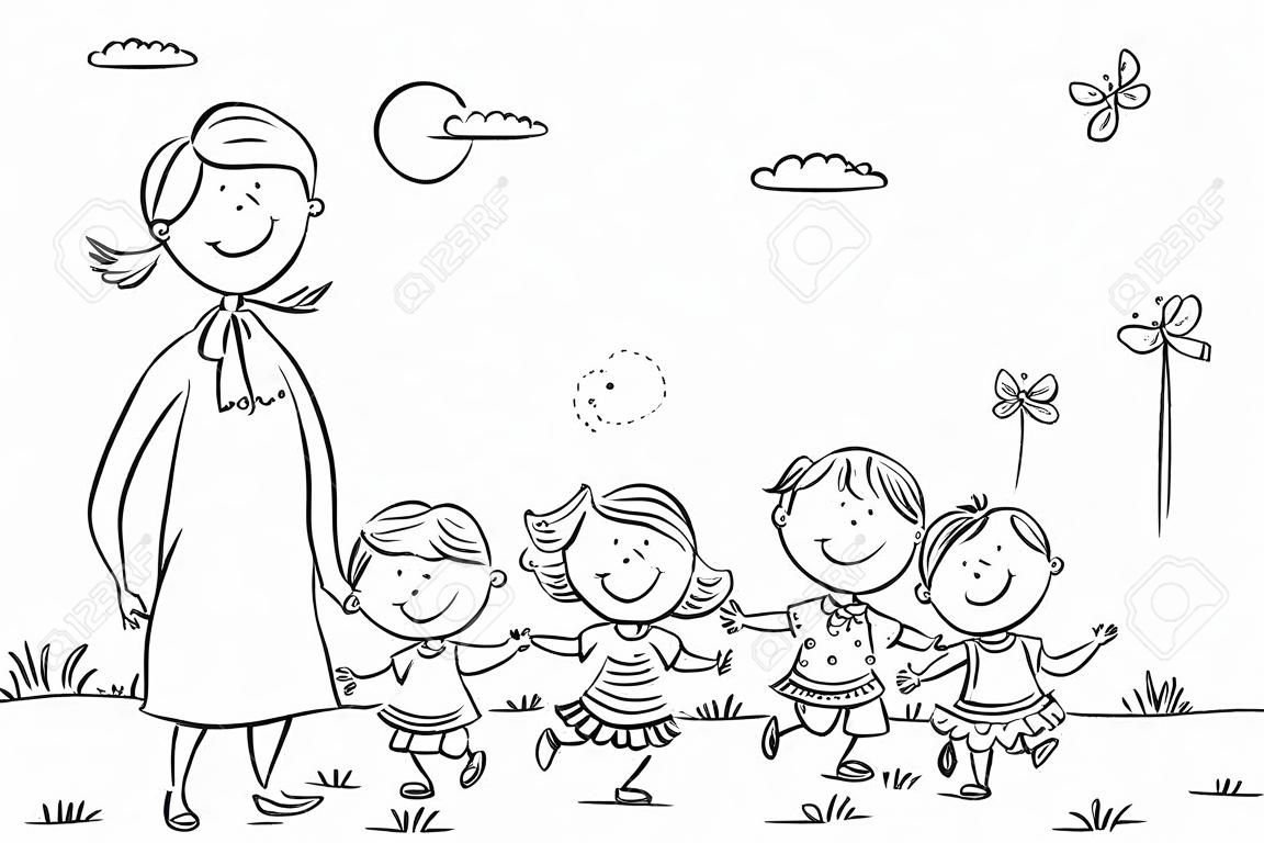 Karikatür çocuklar anaokulunda bir yürüyüşe onların öğretmen, siyah ve beyaz anahat