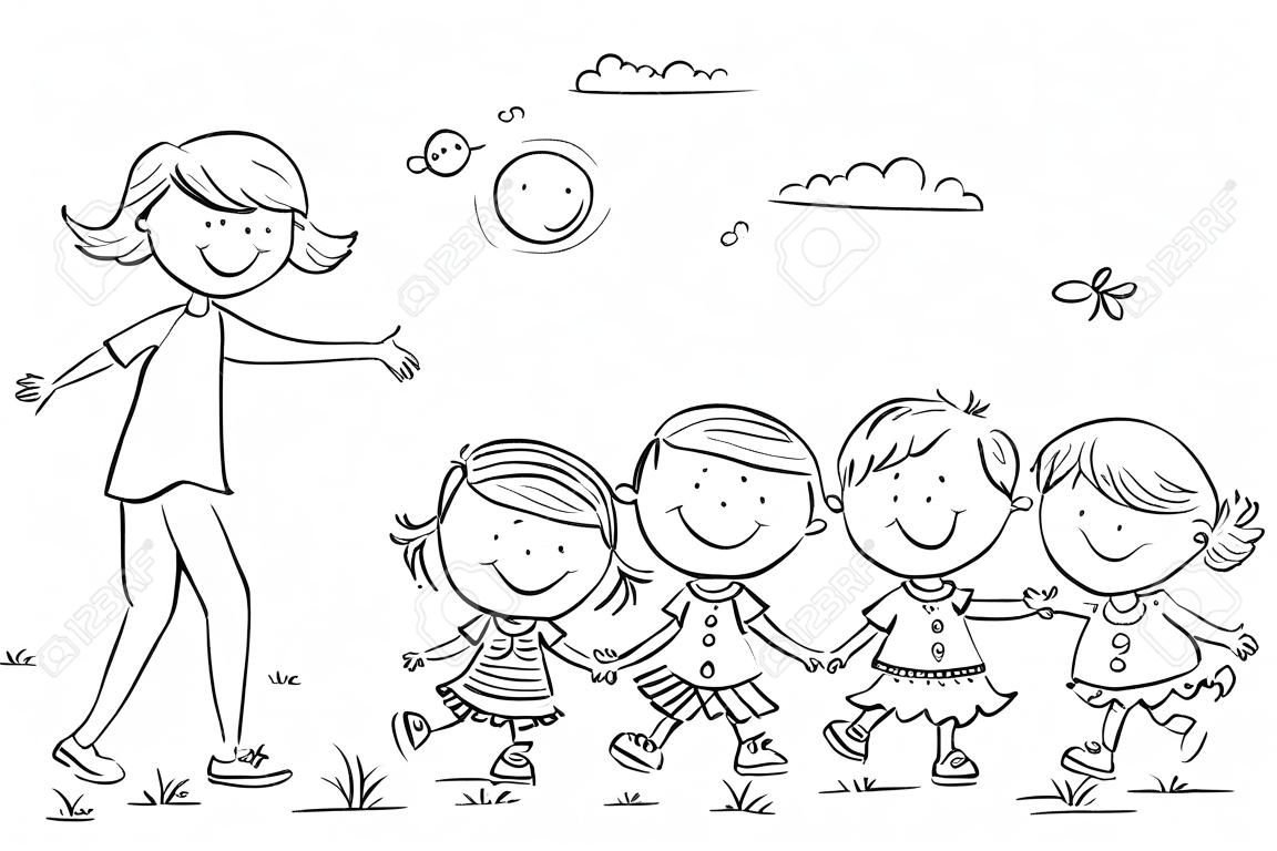 Cartoon dzieci i ich nauczycieli na spacerze w przedszkolu, czarno-biały szkic