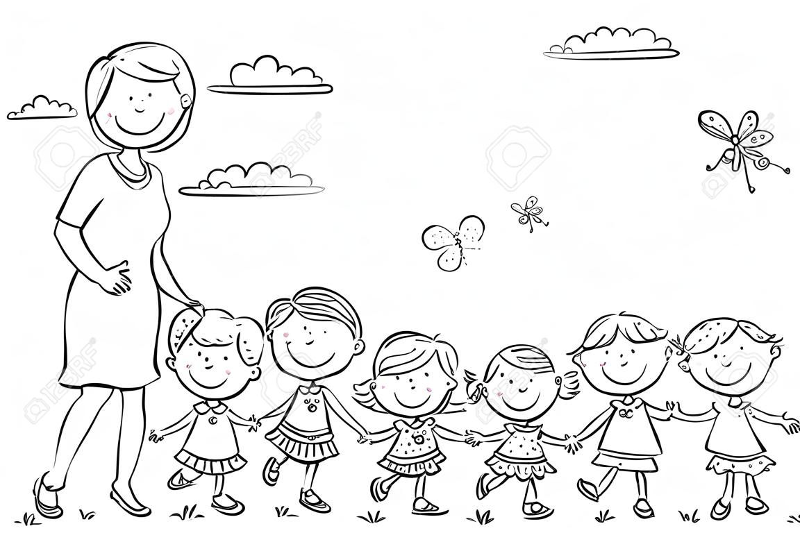 Karikatür çocuklar anaokulunda bir yürüyüşe onların öğretmen, siyah ve beyaz anahat