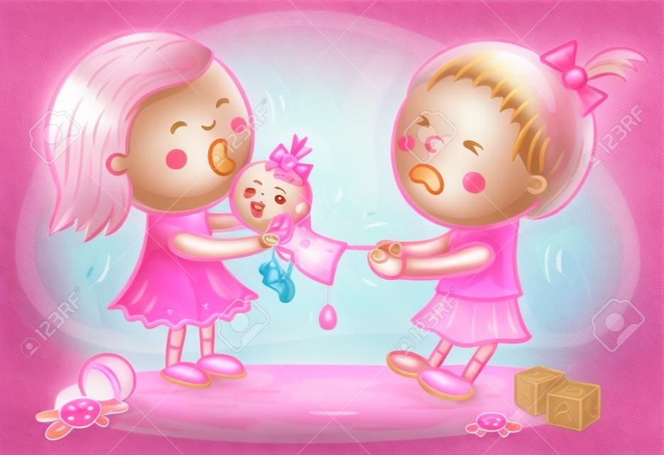 Deux petites filles se battent dans la salle de jeux en raison d'une poupée