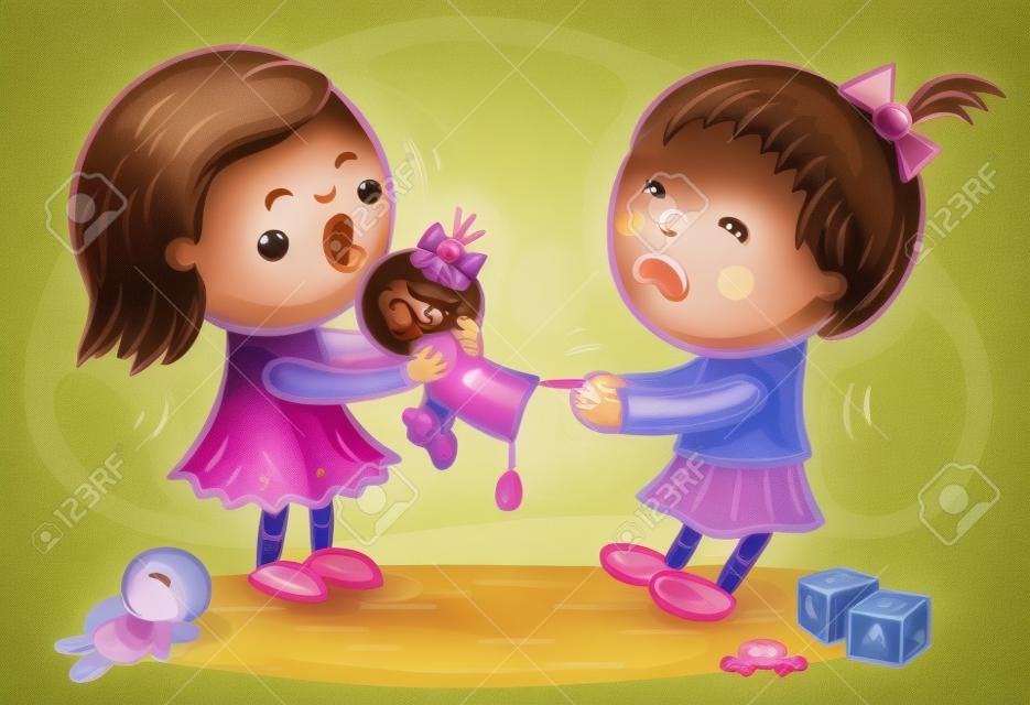 Dwie małe dziewczynki walczą w pokoju zabaw, bo lalki