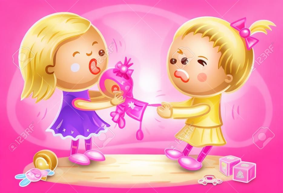 Two little girls are fighting in the playroom because of a doll