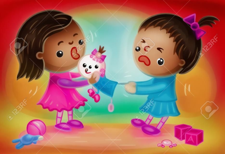 二人の少女は人形のためプレイルームで戦っています。