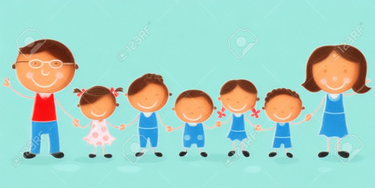 Famille heureuse avec beaucoup d'enfants, peuvent être adoptées, isolé sur blanc