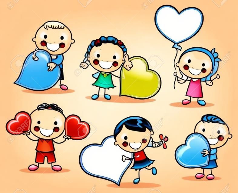 Los niños pequeños dibujos animados con signos en blanco en forma de corazón