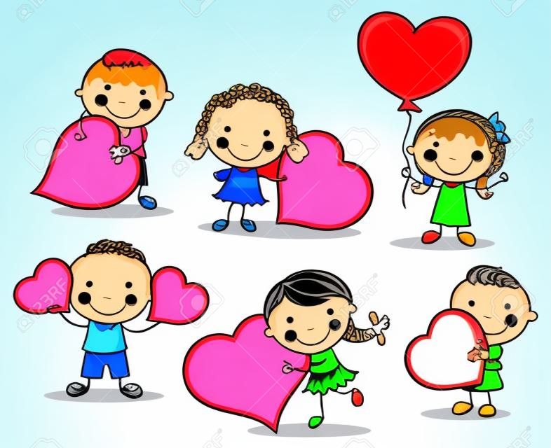 Kleine tekenfilm kinderen met lege tekens in de vorm van harten