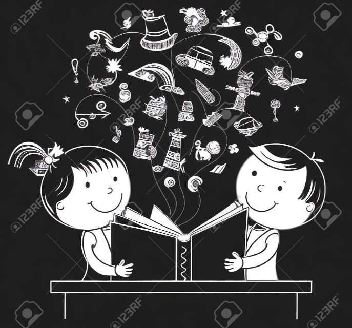 Children reading a book together, black and white outline