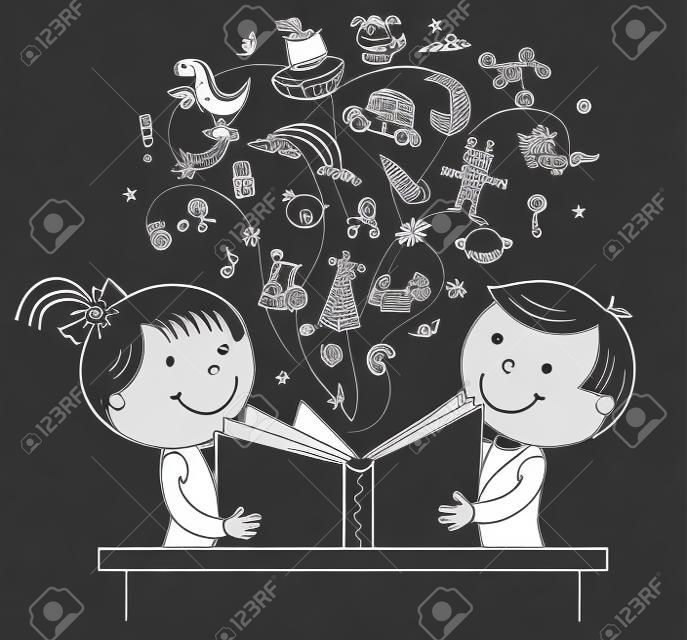 Children reading a book together, black and white outline