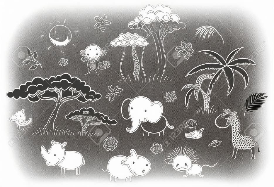 Set van cartoon exotische Afrikaanse dieren en planten, zwart en wit omtrek