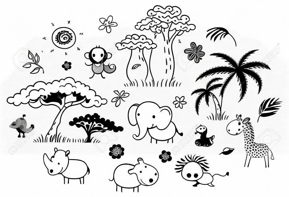 Conjunto de desenhos animados exóticos animais africanos e plantas, contorno preto e branco
