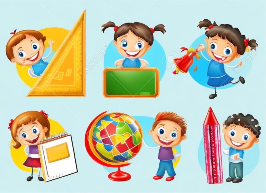 Zestaw cartoon szkoły szczęśliwe dzieci trzymając różnych przedmiotów szkolnych