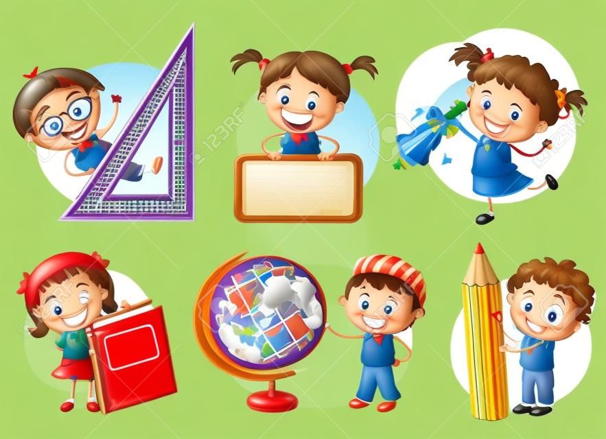 Conjunto de los niños felices de la escuela de dibujos animados con diferentes objetos de la escuela